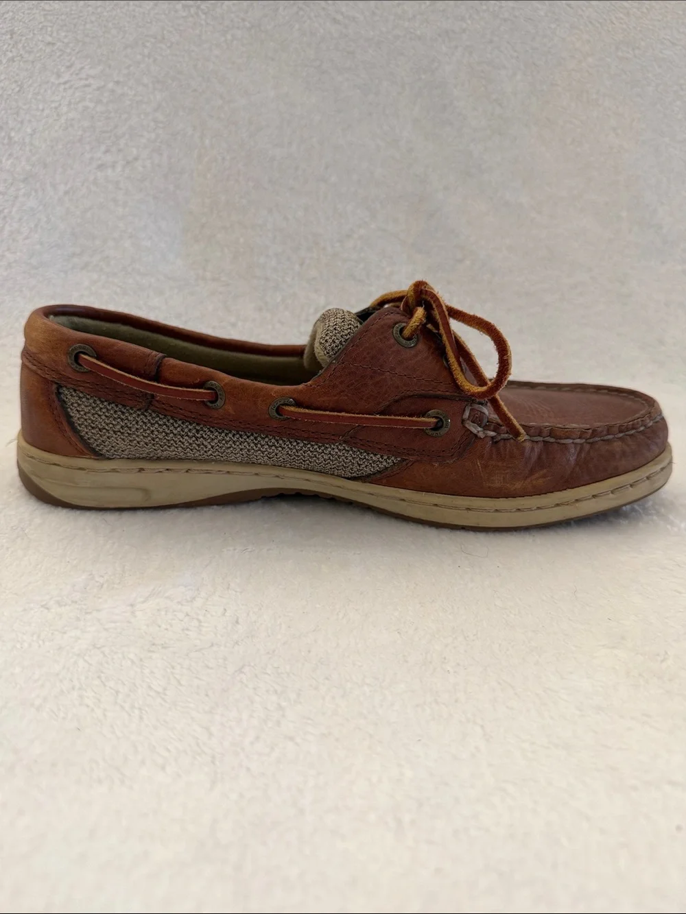 Sperry Cognac Leather & Tan Fabric Boat Shoes